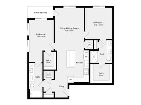 Floor plan for 2 beds, 2 baths, 1143 sqft
